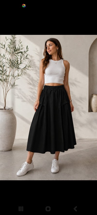 Siyah Poplin Beli Lastikli Maxi Etek