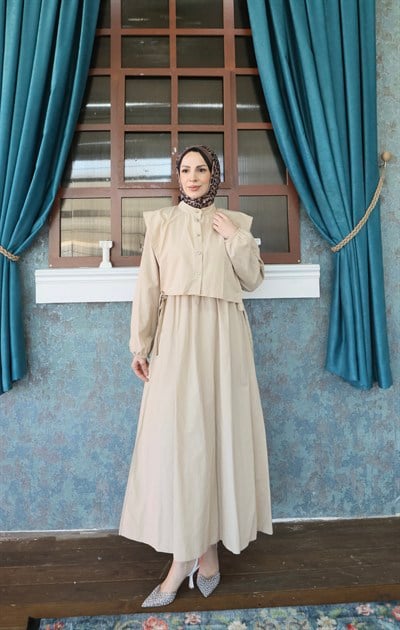 Bolerolu Beli Lastikli Tesettür Elbise Krem  HNT011