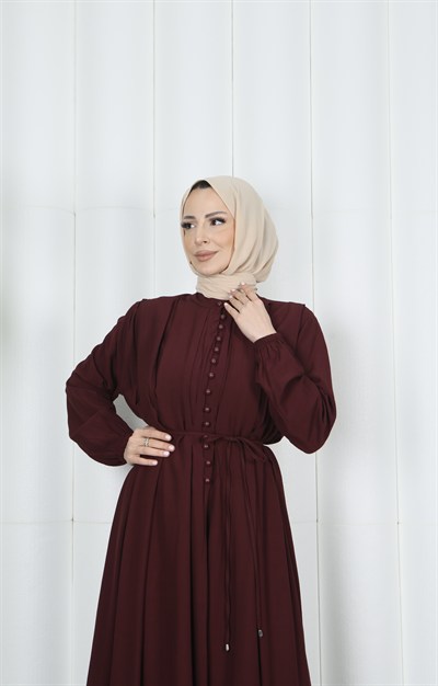Biritli Bağcıklı  Tesettür Elbise Bordo  HNT7134
