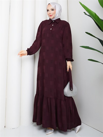 Eteği Büzgülü Yarım  Düğmeli Kuşaklı  Elbise Bordo   HNT8602