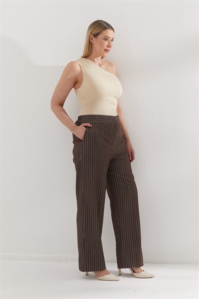 Büyük Beden Beli Lastikli Çizgili Denim Pantolon Kahverengi