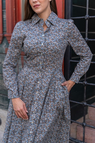 Toevou Elbise Mavi Minik Çiçek Desenli