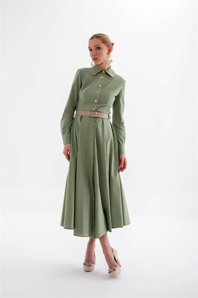 Verda Elbise - Yeşil Biyeli Gömlek Elbise
