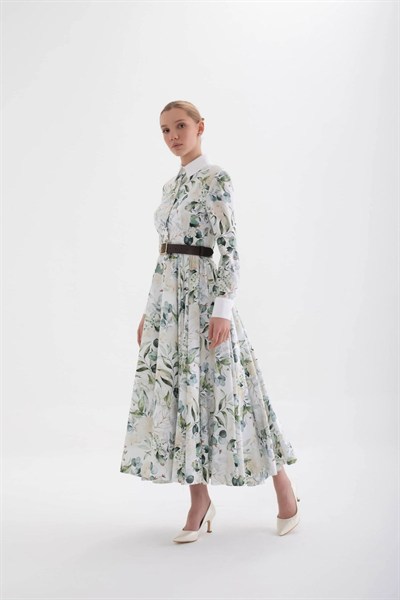 Verdure Beyaz Çiçek Desenli Gömlek Elbise