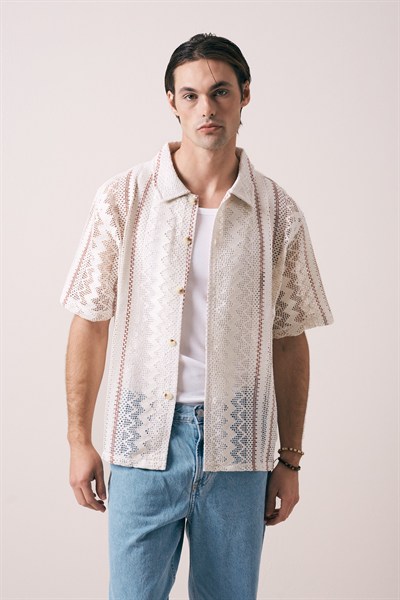 KROŞE DOKULU GEOMETRİK DESEN OVERSIZE GÖMLEK