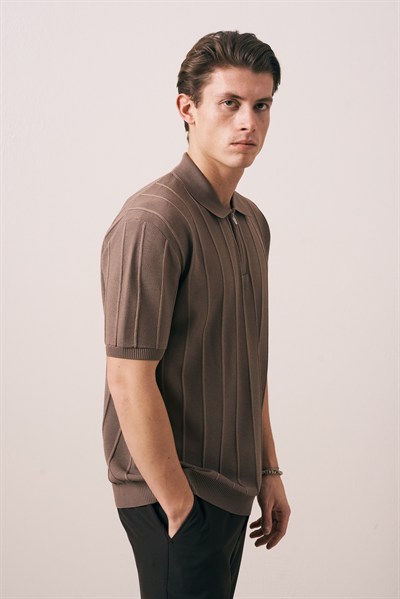 REGULAR FIT FİTİL ÖRGÜ DETAYLI FERMUARLI POLO TRİKO T-SHIRT
