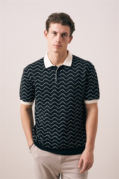 REGULAR FIT GEOMETRİK DESEN DÜĞMELİ POLO TRİKO T-SHIRT