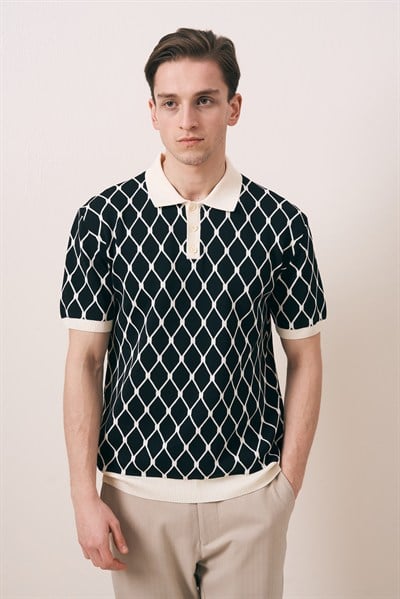 REGULAR FIT GEOMETRİK DESEN DÜĞMELİ POLO TRİKO T-SHIRT