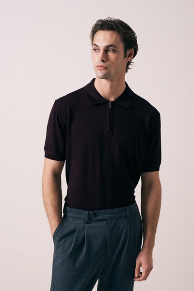 REGULAR FIT KOL ÖRGÜ DETAYLI FERMUARLI POLO TRİKO T-SHIRT