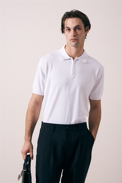 REGULAR FIT KOL ÖRGÜ DETAYLI FERMUARLI POLO TRİKO T-SHIRT