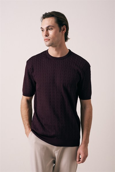 REGULAR FIT SAÇ ÖRGÜ DETAYLI TRİKO T-SHIRT