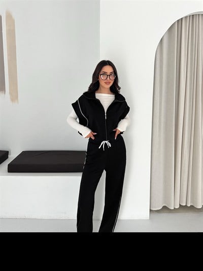 Kadın Modal Kumaş Garnili Sıfır Kol Dik Yaka Oversize Eşofman Takımı 