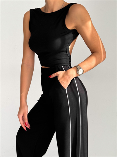 Kadın Trend Bol Paça Modal Kumaş Cepli Eşofman Altı Wide Leg Yanları Beyaz Şeritli 