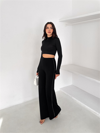 Kadın Yanı Taşlı Bol Paça Çelik İnterlok Wide leg Pantolon 