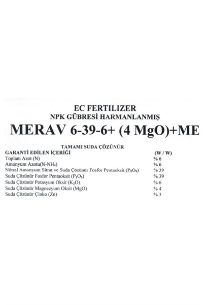 6-39-6 + 4(MgO)+ 3 Zn + ME 1 Kg Toz Bitki Coşturan Yaprak gübresi