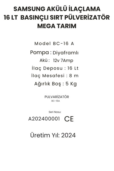 Samsung Akülü ve Kollu İlaçlama Yıkama Makinesi 16 L.  Pülverizatör Yeni Model