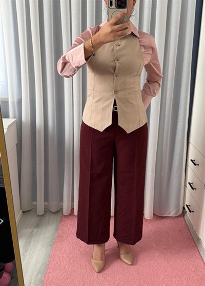 İNCE KEMERLİ YÜKSEK BEL PANTOLON BORDO
