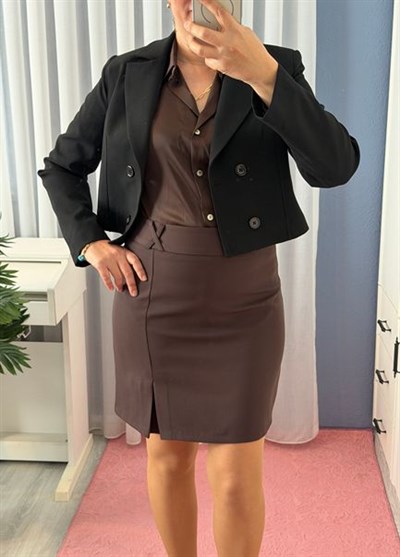 PİLE DETAYLI KORSAJLI ETEK KAHVE