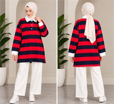 Kadın Tesettür Trend Kalın Çizgili Tunik Pantolonlu Takım Kırmızı