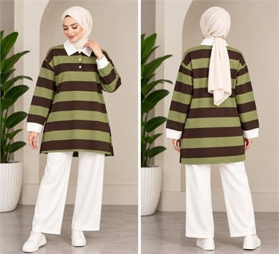 Kadın Tesettür Trend Kalın Çizgili Tunik Pantolonlu Takım Haki