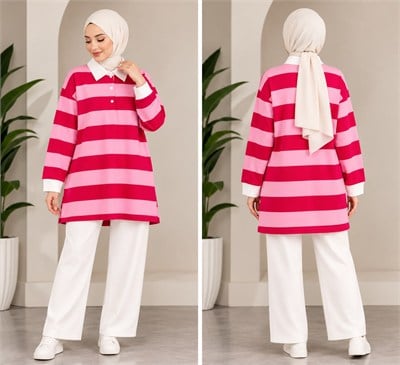 Kadın Tesettür Trend Kalın Çizgili Tunik Pantolonlu Takım Pembe