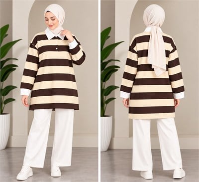Kadın Tesettür Trend Kalın Çizgili Tunik Pantolonlu Takım Sarı