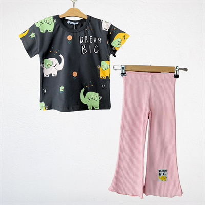 Kız Çocuk Baskılı Tişört ve Pantolon Takım Pembe
