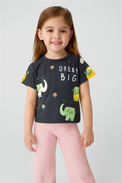 Kız Çocuk Baskılı Tişört ve Pantolon Takım Pembe