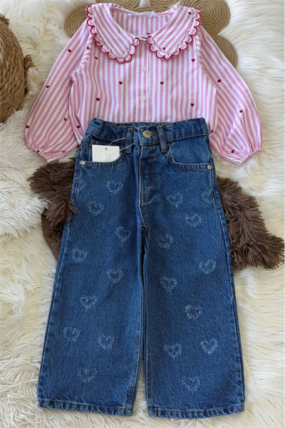 Mini Kalp Baskılı Gömlek & Kalp Detaylı Kot Pantolon Takım (Pembe)
