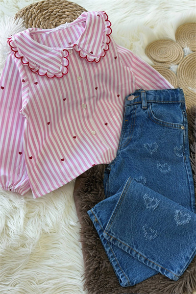 Mini Kalp Baskılı Gömlek & Kalp Detaylı Kot Pantolon Takım (Pembe)