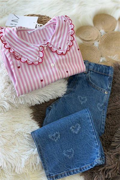 Mini Kalp Baskılı Gömlek & Kalp Detaylı Kot Pantolon Takım (Pembe)