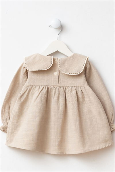 Bej Nakış Detaylı Cepli Bebe Yaka Bayramlık Keten Kız Bebek Elbise - 6-9 Ay / 2-3 Yaş