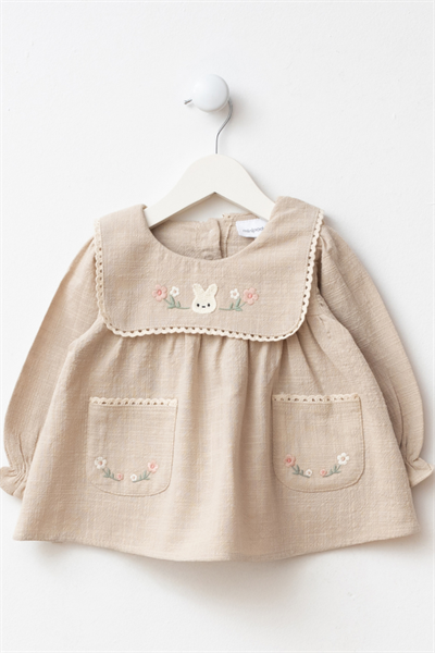 Bej Nakış Detaylı Cepli Bebe Yaka Bayramlık Keten Kız Bebek Elbise - 6-9 Ay / 2-3 Yaş