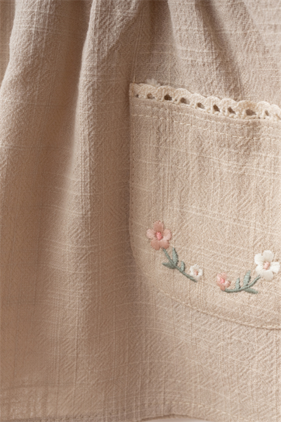 Bej Nakış Detaylı Cepli Bebe Yaka Bayramlık Keten Kız Bebek Elbise - 6-9 Ay / 2-3 Yaş