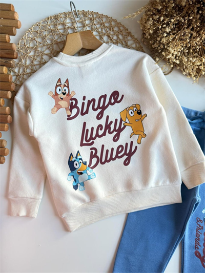 Bluey Temalı Nakışlı Takım – Erkek Çocuk, Saks Mavi, %100 Pamuk, 2–8 Yaş