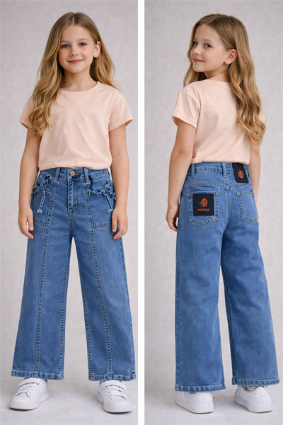 Bol Paça Denim Pantolon Mavi – Ayarlanabilir Bel, Kız Çocuk, 5–8 Yaş