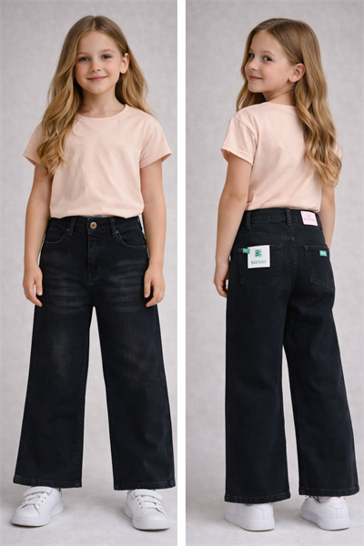 Bol Paça Siyah Denim Pantolon – Ayarlanabilir Bel, Kız Çocuk, 5–8 Yaş