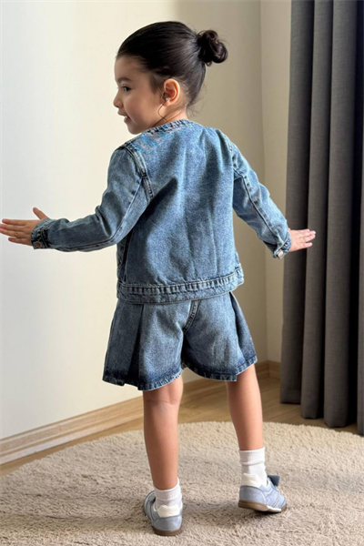 Kız Çocuk 3lü Denim Ceket Şort Etek Tişört Takım