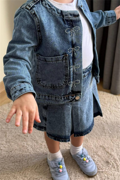 Kız Çocuk 3lü Denim Ceket Şort Etek Tişört Takım