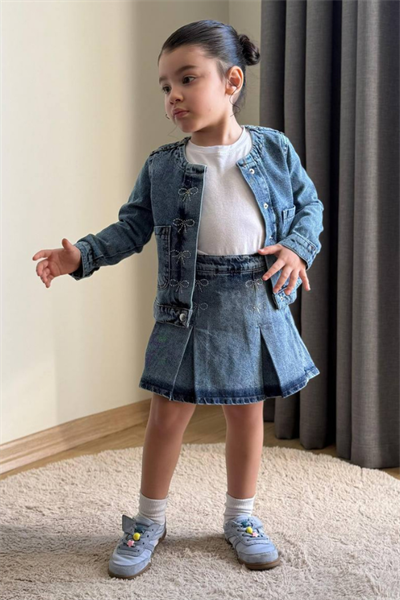Kız Çocuk 3lü Denim Ceket Şort Etek Tişört Takım