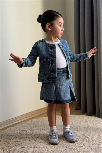 Kız Çocuk 3lü Denim Ceket Şort Etek Tişört Takım
