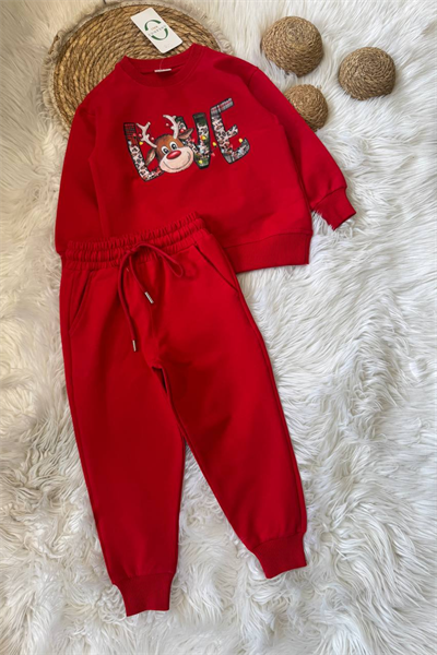 Christmas Temalı Dijital Baskılı Takım – Kırmızı, Unisex, 3–10 Yaş