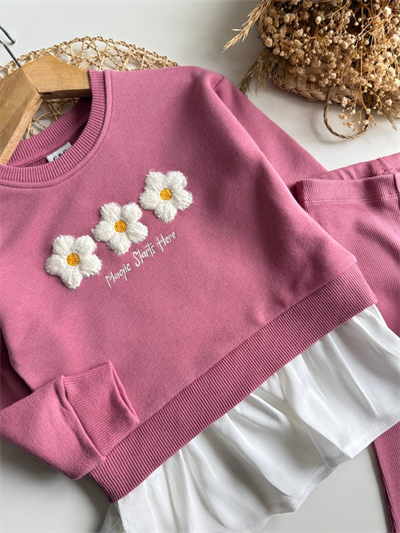 Çiçek İşlemeli Gül Kurusu Kız Çocuk Takımı – Sweatshirt & Geniş Paça Tayt, 2–8 Yaş