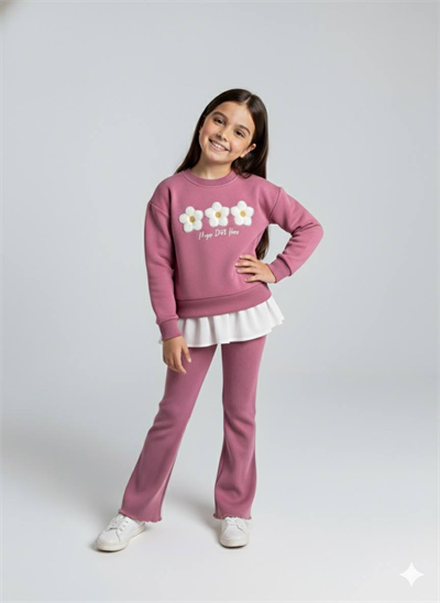 Çiçek İşlemeli Gül Kurusu Kız Çocuk Takımı – Sweatshirt & Geniş Paça Tayt, 2–8 Yaş