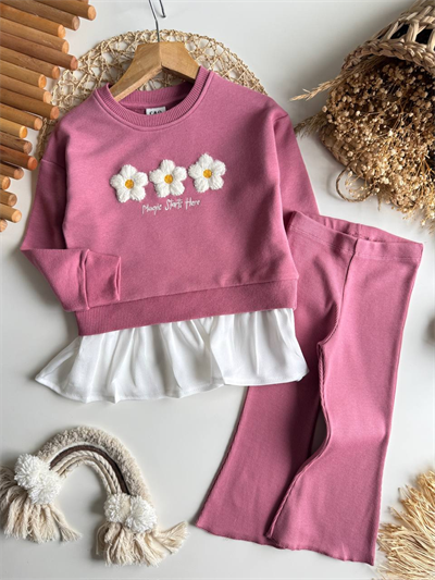 Çiçek İşlemeli Gül Kurusu Kız Çocuk Takımı – Sweatshirt & Geniş Paça Tayt, 2–8 Yaş