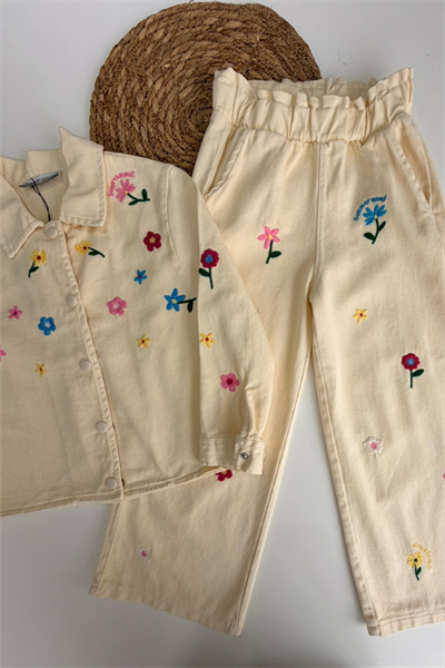 Çiçek Nakış Detaylı Ceket ve Pantolon Takım (Bej)