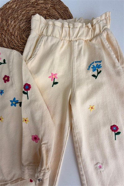 Çiçek Nakış Detaylı Ceket ve Pantolon Takım (Bej)