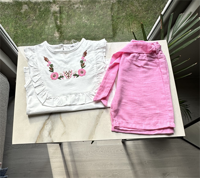 Çiçek Nakışlı Fırfırlı Bluz ve Pembe Keten Şort Takım