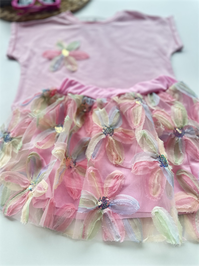 Çiçekli Tüllü Kız Çocuk Elbise Takımı – Pembe