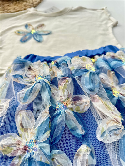 Çiçekli Tüllü Kız Çocuk Elbise Takımı – Mavi